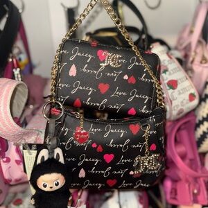 Juicy Couture V Love Letter Pouch Bag with Matching Wallet in Black Multi